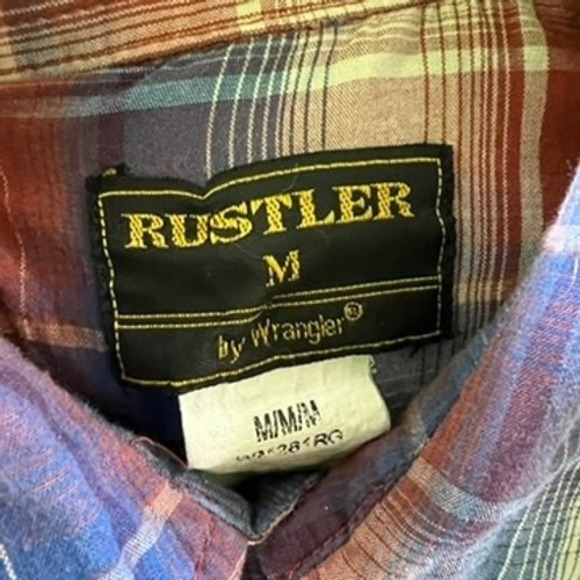 Rustler Wrangler Mens Plaid Western Pearl Snap Shirt Blue Orange Metallic Medium - Picture 5 of 13